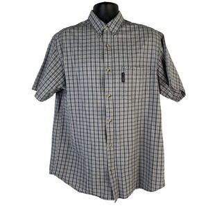 Columbia Men's Button Down Shirt‎ Navy Tan Large Plaid Classic Fit Short Sleeve